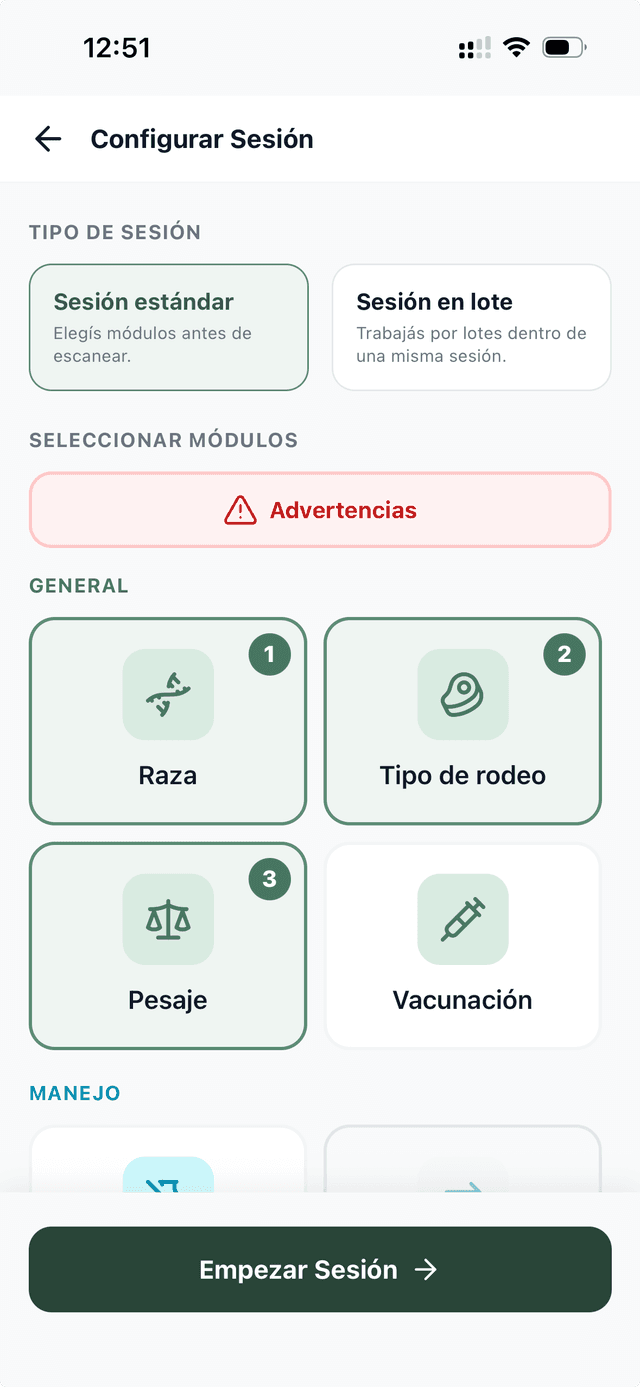 Pantalla de configuración de sesión con módulos seleccionados
